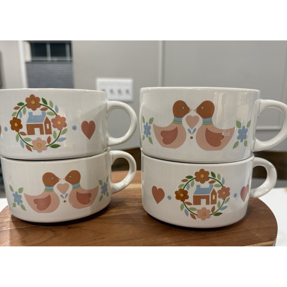 Interpur Vintage Soup Mugs CottageCore Kissing Ducks Houses Floral Set of 4
